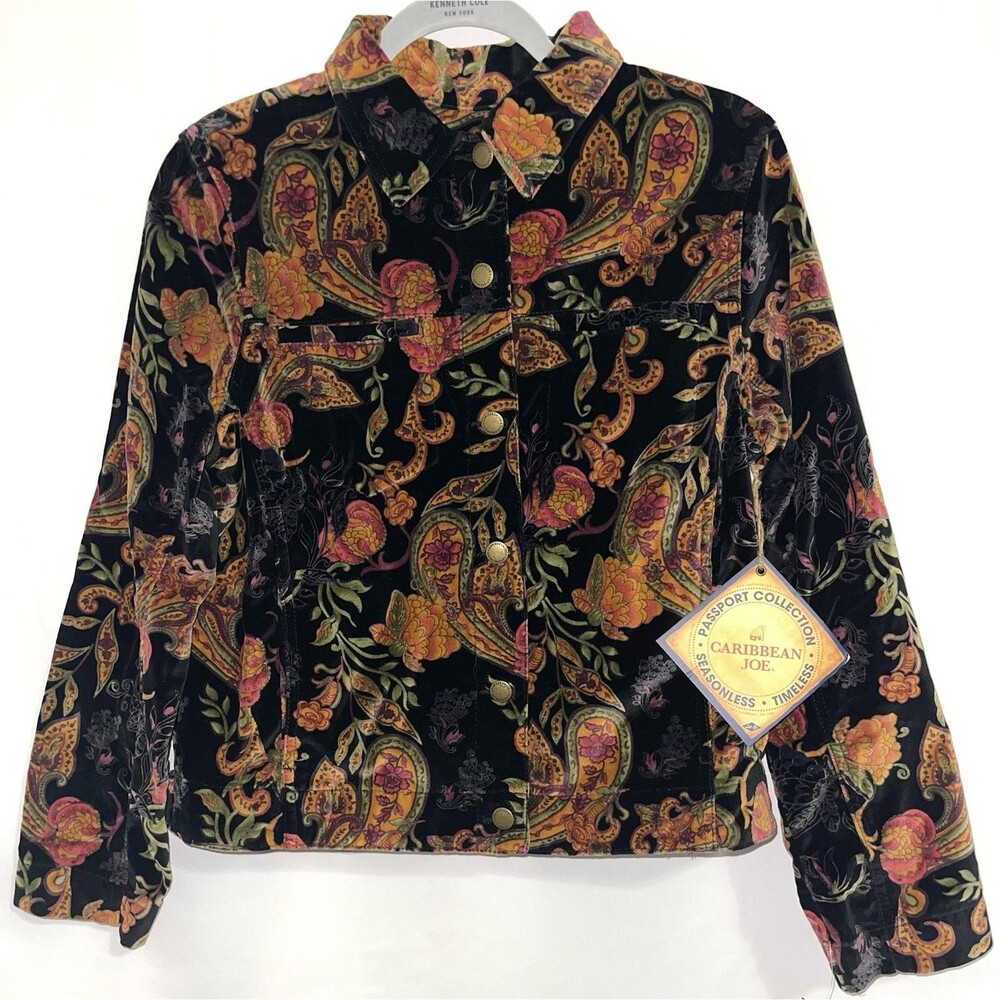 Caribbean Joe VTG Jacket Cotton Velvet Black Paisley Floral 4 Pockets Women’s M